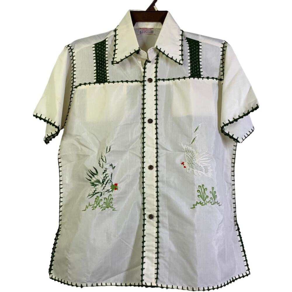 VINTAGE SEARS Shirt Large 60s Hand Crafted Sheer Embroidered‎ Guayabera NWOT